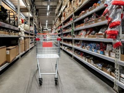 Prazna kolica u prolazu između rafova u maloprodajnoj prodavnici