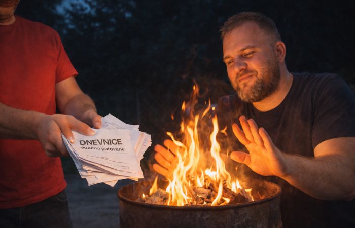 čovek koji se greje na vatru i dnevnica za službeni put u inostranstvo u rukama drugog čoveka