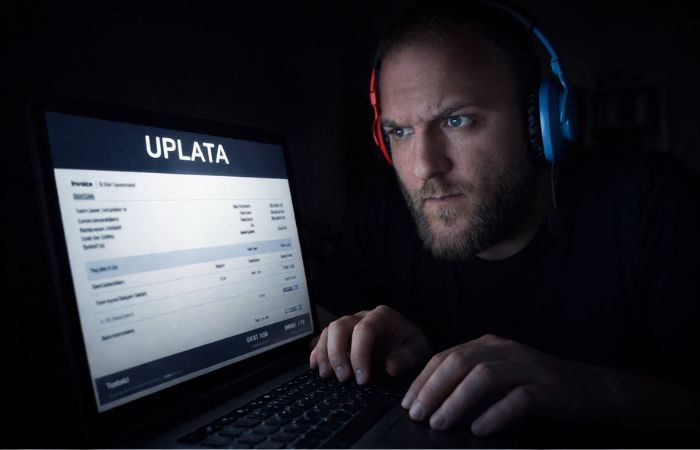 Man focused on laptop screen