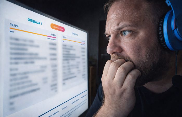 Zabrinuti covek gleda u ekran u svoj kaklkulator poreza 