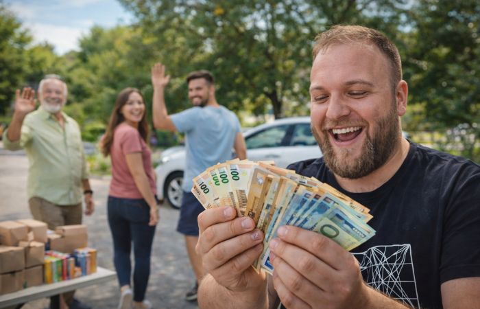 zadovoljan muškarac broji novac nakon prodaje proizvoda dok zadovoljni kupci odlaze