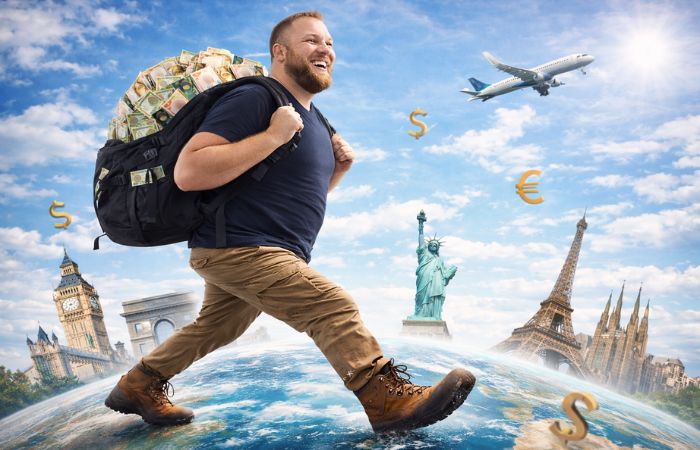 Man with money backpack traveling the world