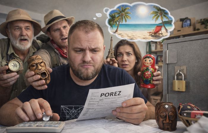 Man stressed with vacation dreamers behind