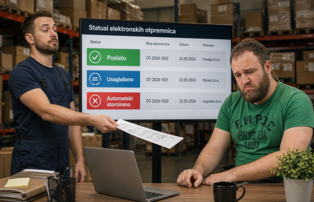 Magacioner predaje dokument knjigovođi, a između njih stoji veliki ekran sa statusima „Poslato”, „Usaglašeno”, „Automatski stornirano”.