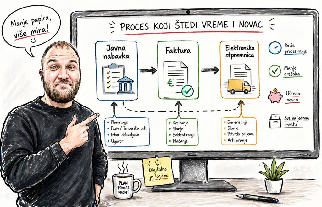 Javna nabavka, faktura i elektronska otpremnica povezane linijama na ekranu.