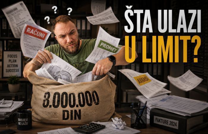 Muškarac ubacuje račune, promet i avanse u džak sa natpisom 8.000.000 dinara dok pokušava da shvati šta ulazi u PDV limit.