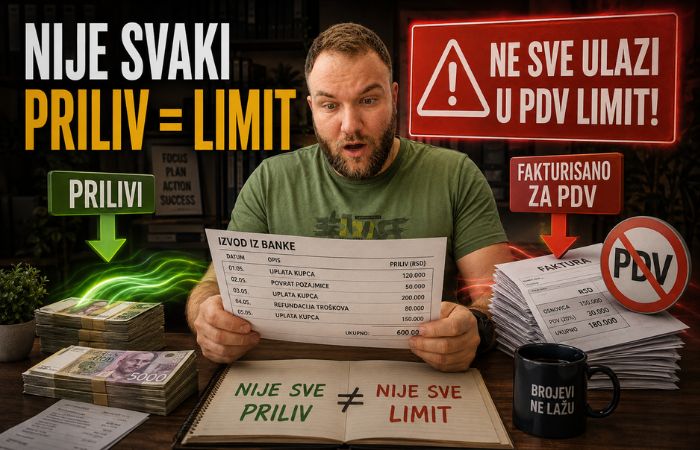 Muškarac u kancelariji drži izvod iz banke i shvata da nije svaki priliv novca automatski ulazak u PDV limit.
