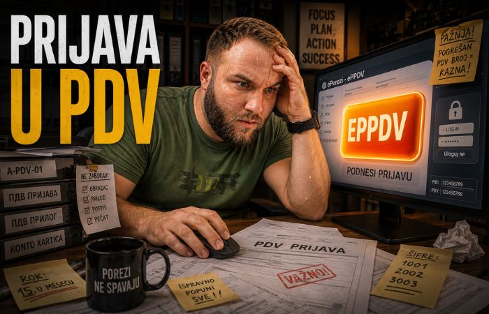 Muškarac pod stresom popunjava EPPDV prijavu na računaru dok se sprema za ulazak u PDV sistem.