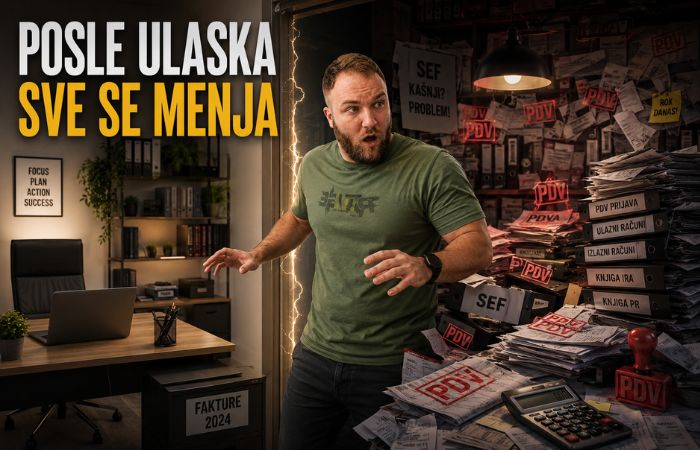 Muškarac stoji između uredne kancelarije i haotičnog dela punog papira, SEF-a i PDV obaveza nakon ulaska u sistem.