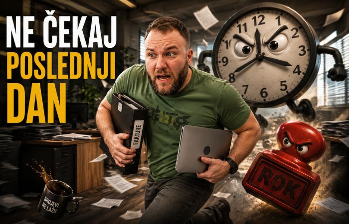 Muškarac trči kroz kancelariju sa registratorom i laptopom dok ga jure sat i pečat sa natpisom rok.