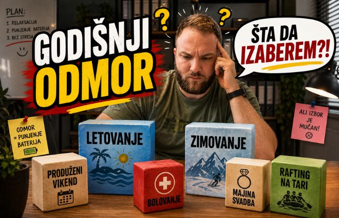 Muškarac razmišlja kako da iskoristi godišnji odmor i bira između letovanja, zimovanja, produženog vikenda, bolovanja, majine svadbe i raftinga na Tari
