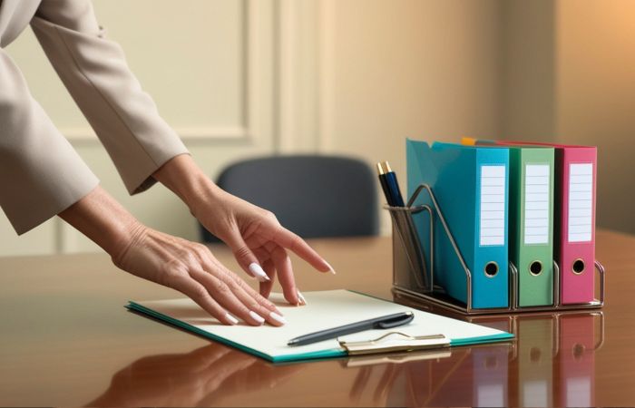 Žena radi za stolom pored registratora sa poslovnom dokumentacijom