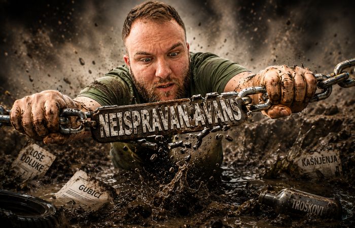 Ivan se očajnički drži za lanac sa natpisom neispravan avans dok puca iznad blata i prljavštine.