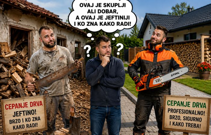 Zbunjen klijent razmišlja da li da izabere jeftiniju uslugu sa starom testerom ili skupljeg profesionalca sa modernom opremom.