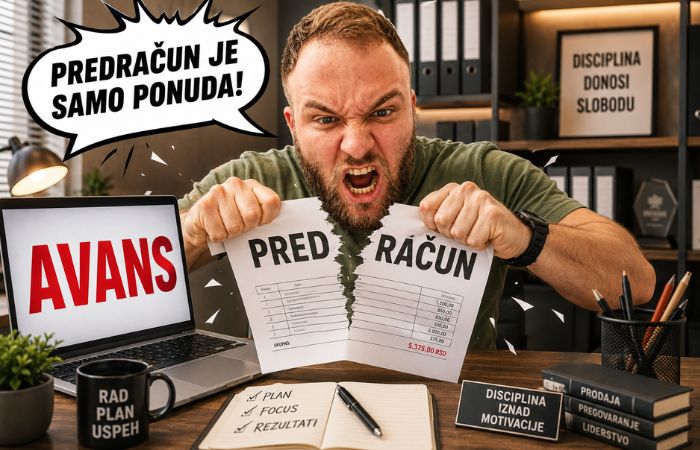 Avansni račun u SEF-u, Ivan ljutito cepa papir predračun dok na laptopu piše avans