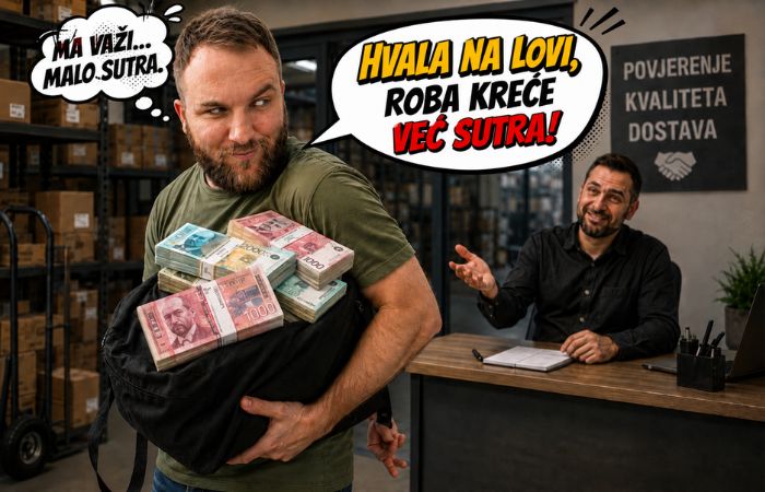 Ivan nosi torbu punu dinara i prepredeno obećava klijentu da roba kreće sutra, dok iza leđa drži ukrštene prste.