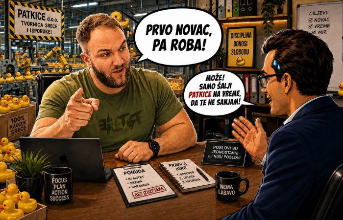 Ivan razgovara sa klijentom u fabrici žutih patkica i poručuje prvo novac pa roba