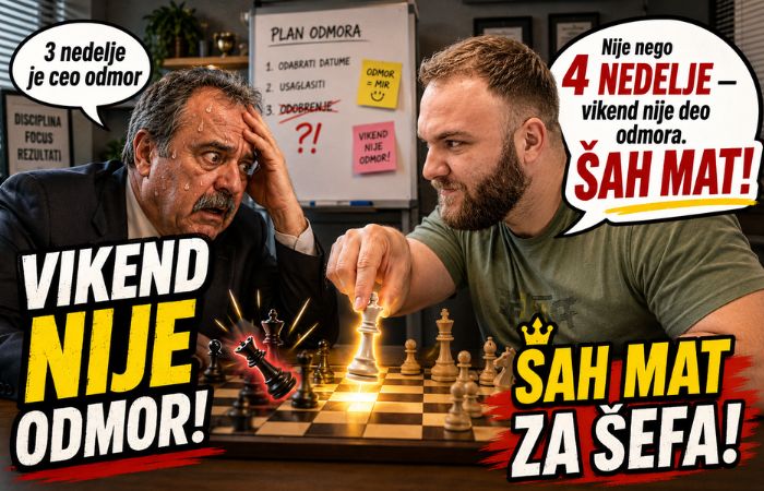 Godišnji odmor prikazan kroz partiju šaha između zaposlenog i šefa, uz poruku da vikend nije deo odmora
