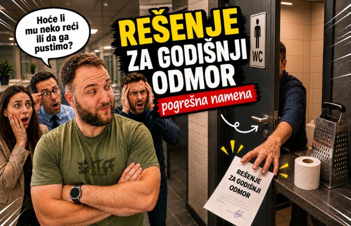 Direktor iz WC-a bira rešenje za godišnji odmor umesto toalet papira, dok zaposleni zbunjeno gledaju i komentarišu situaciju