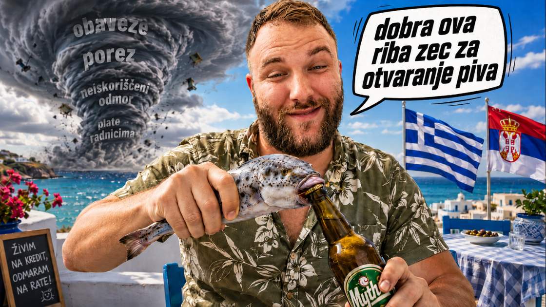 Zadovoljan muškarac na godišnjem odmoru u Grčkoj otvara pivo ribom zec dok tornado nosi obaveze i poreze
