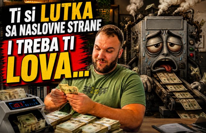 Ivan broji novac za stolom, dok iza njega umorna mašina firme izbacuje pare, uz natpis „Ti si lutka sa naslovne strane i treba ti lova“.