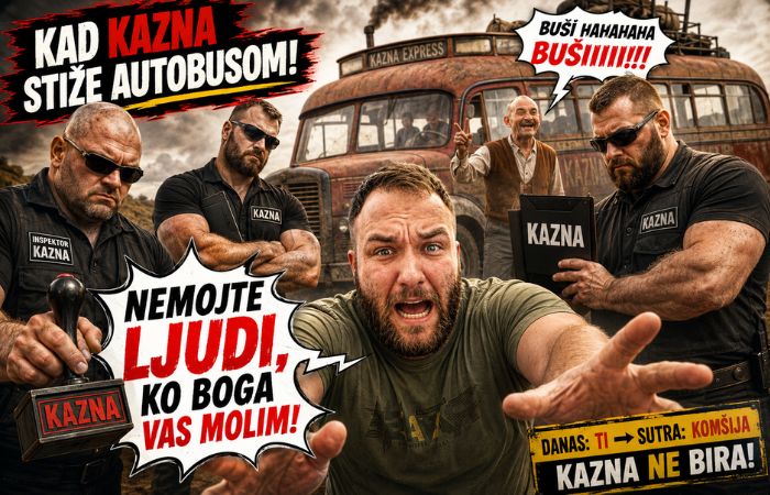 Uplašen muškarac moli inspektore da mu ne pišu kaznu, dok iza njih stoji stari autobus i čovek viče „Buši“