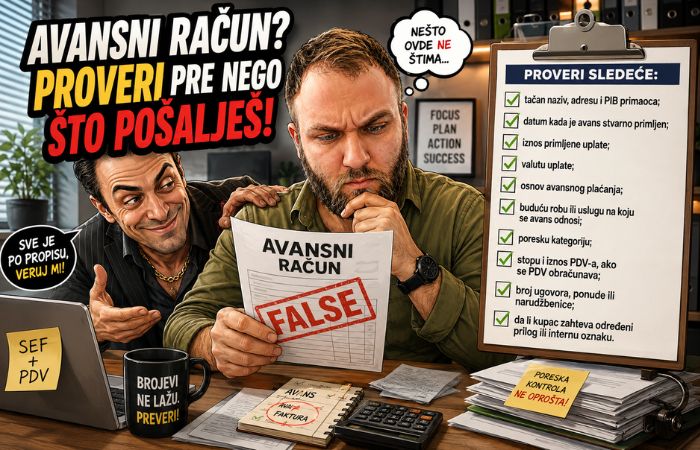 Ivan sumnjičavo proverava avansni račun dok pored njega stoji detaljna check lista za proveru podataka, a sumnjivi prodavac mu ga pokazuje.