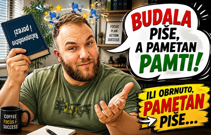 Isplata dobiti iz DOO prikazana kroz šaljivu ilustraciju muškarca koji drži knjigu „Računovodstvo i porezi“ naopačke, dok mu iznad glave lete ptičice i poručuje „Budala piše, a pametan pamti“.