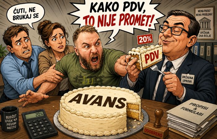 Ivan viče dok ga dvoje ljudi drže, a državni službenik seče i jede deo torte sa natpisom PDV 20% sa torte na kojoj piše avans.