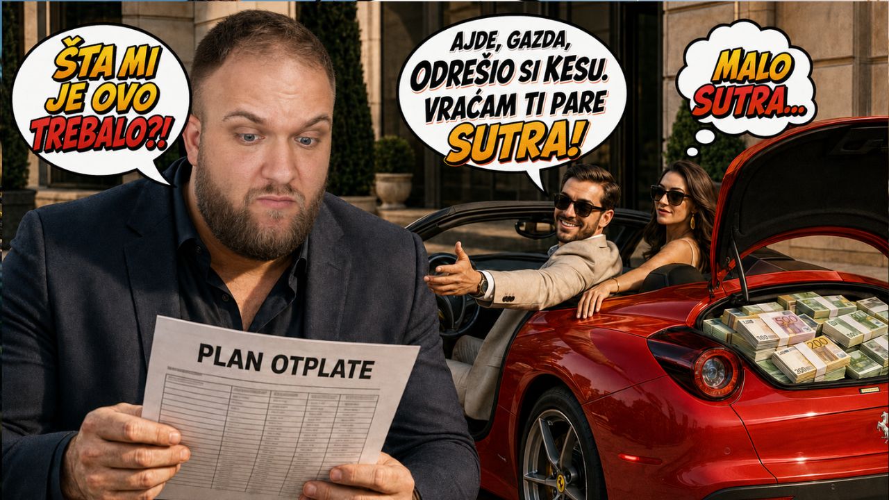 Satirična situacija, šef gleda u plan otplate zajma zaposlenom , a zaposleni u ferariju crvenom i devojkom se šali sa poslodavcem