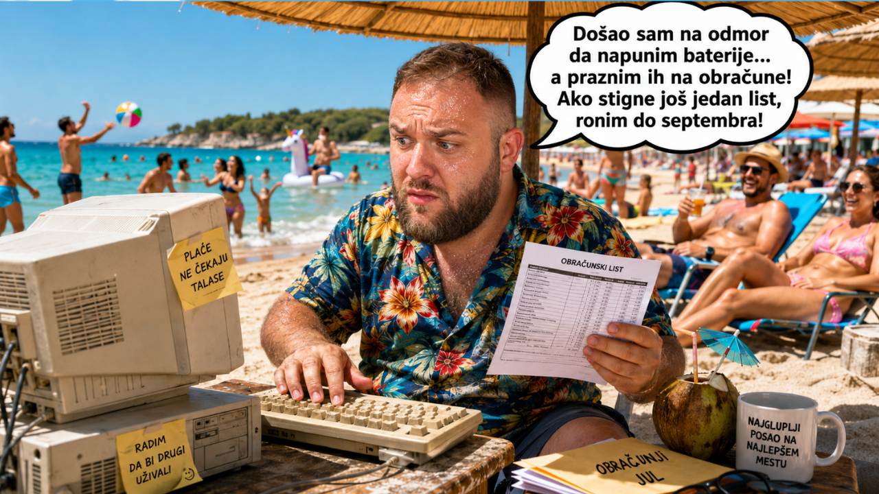 Knjigovođa zabrinuto radi obračun zarade na starom računaru na plaži dok ostali uživaju na odmoru