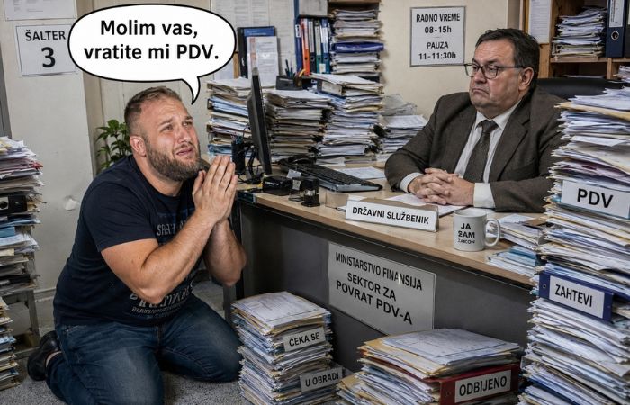 Preduzetnik na kolenima moli državnog službenika da mu odobri povrat PDV-a