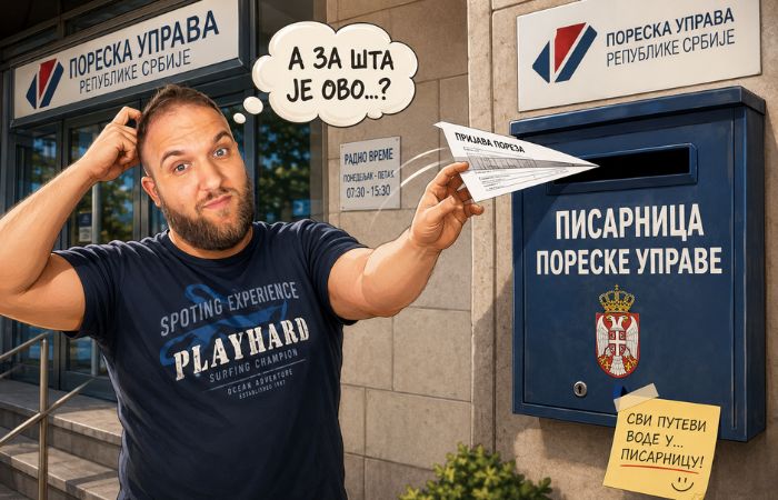 Adrese pisarnica Poreske uprave i Čovek koji baca aviončiće u poštansko sanduče poreske uprave