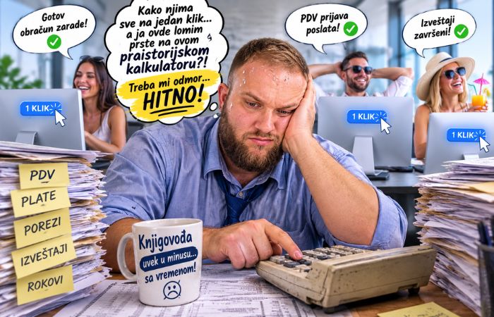 Tužan knjigovođa računa na starom kalkulatoru dok kolege završavaju obračun godišnjeg odmora na računarima jednim klikom