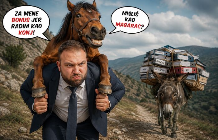 Knjigovođa u odelu nosi konja na leđima dok magarac iza njega prenosi veliki tovar dokumentacije