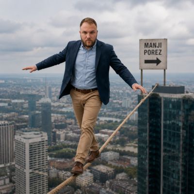 Ivan hoda po tankoj žici ka cilju manji porez, kao simbol pažljivog poreskog planiranja.
