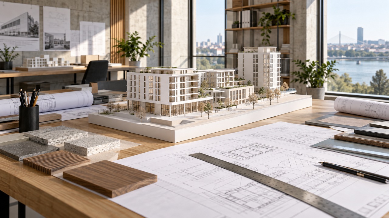 Arhitektonski model zgrade, nacrti i materijali u projektantskom studiju