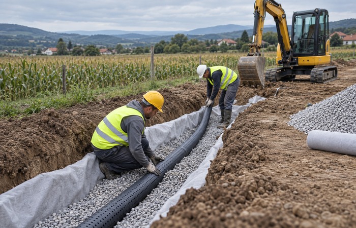 Ugradnja drenažne cevi u pripremljeni rov na terenu