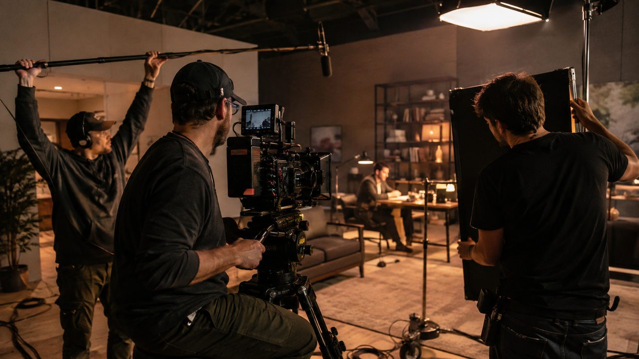 Filmska produkcijska ekipa snima scenu na profesionalnom setu