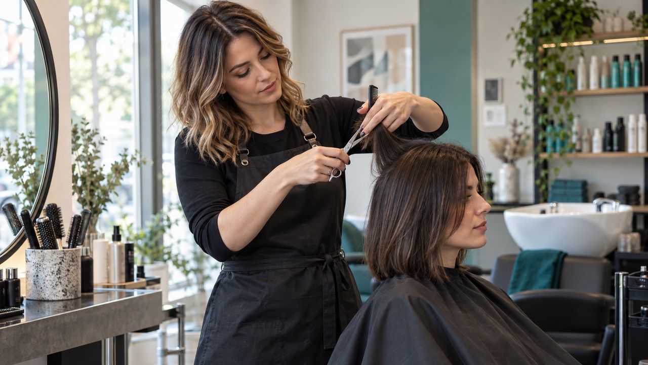 Frizerka šiša i oblikuje kosu u profesionalnom salonu