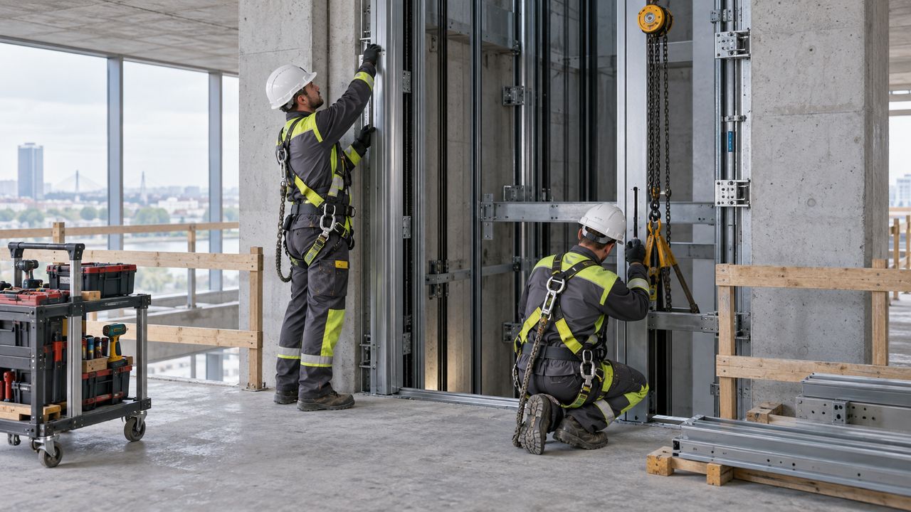 Monteri ugrađuju lift u poslovnoj zgradi