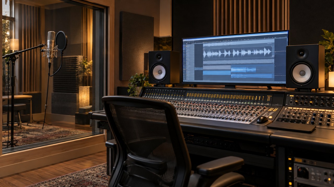 Profesionalni studio sa mikrofonom, miks-pultom i prikazom zvučnog talasa