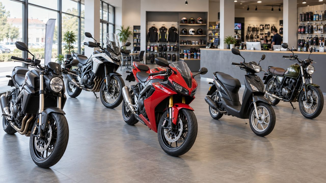 Motocikli i moped izloženi u prodajnom prostoru